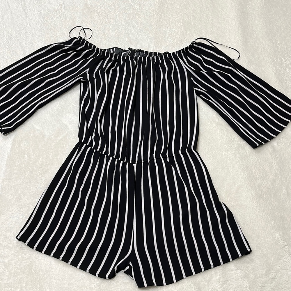 black and white striped off the shoulder romper